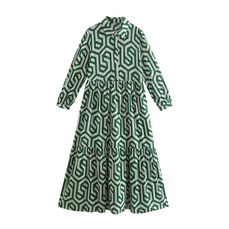 Women's Long Sleeve Turndown Collar Green Geometric Print Shirt Dress 6