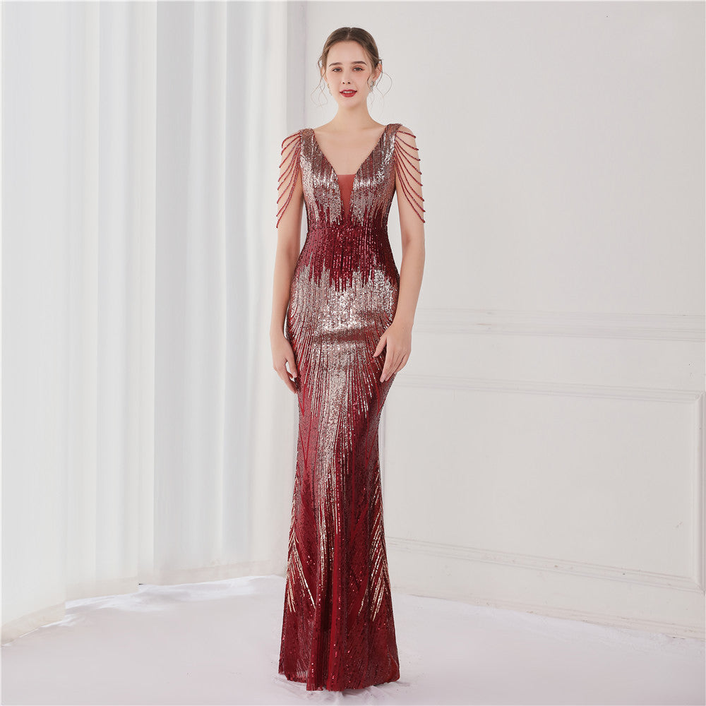 Spring Plus Size Elegant Red Bling Sequ v Neck Tassel Gradient Mermaid Evening Dress 14