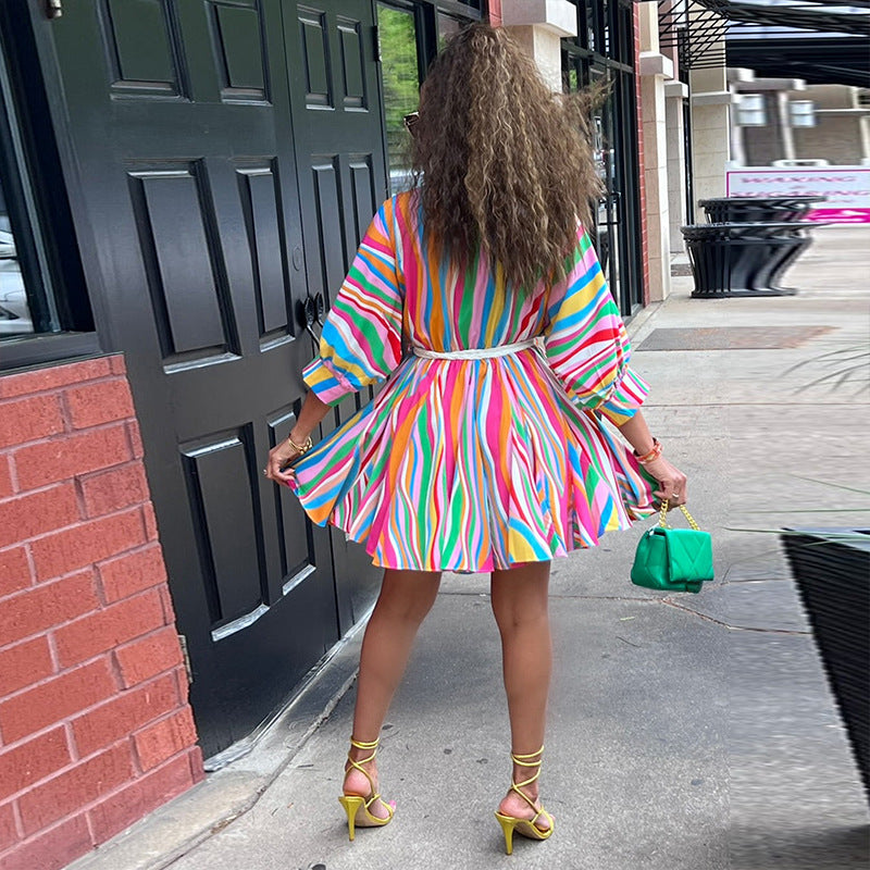 Women striped v-neck sexy belted dress 5