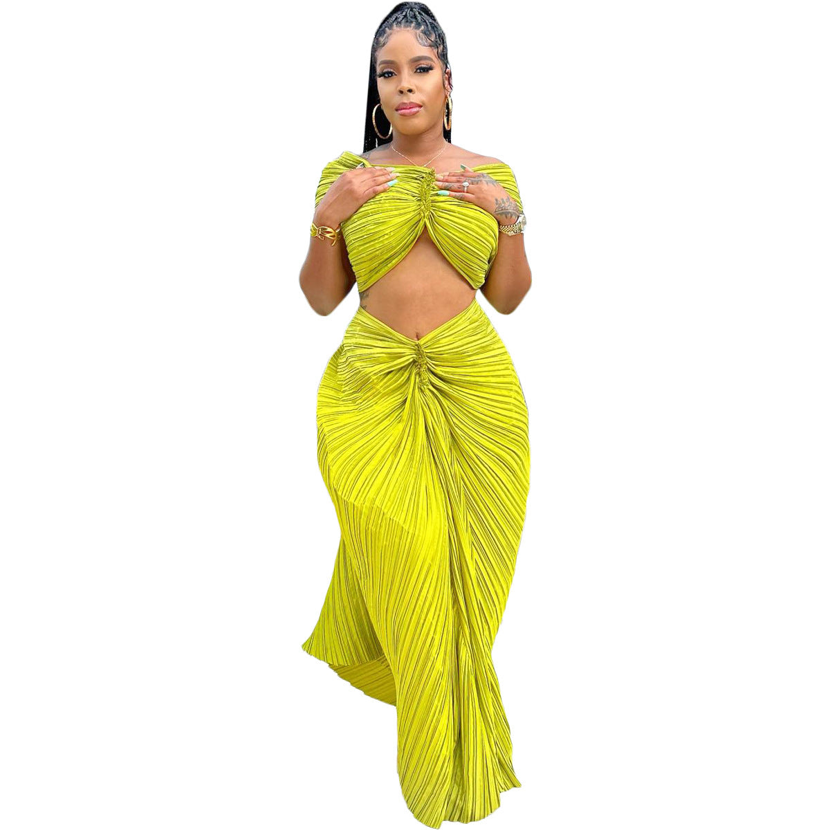Women Solid Pleated Off Shoulder Top and Skirt Two-Piece Set 6