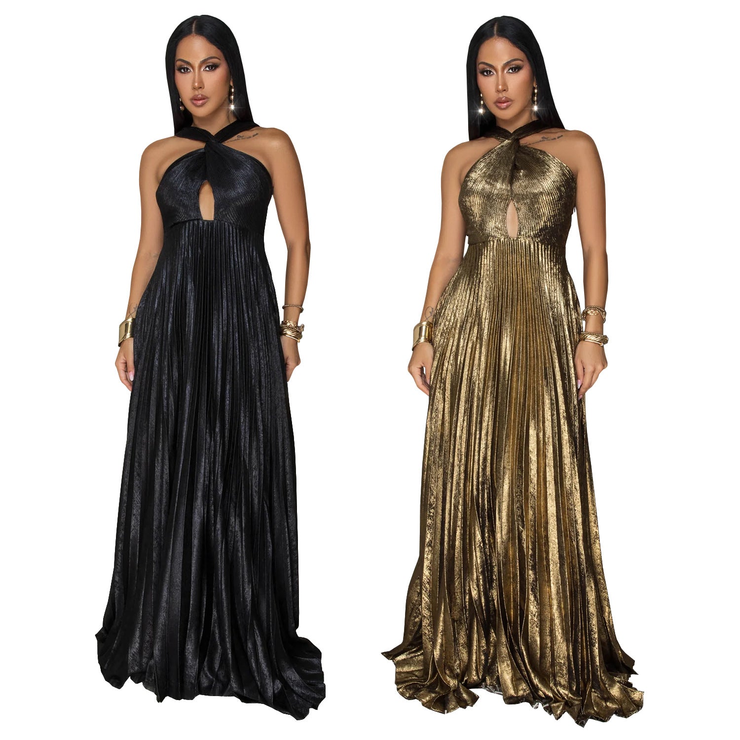 Fashion Women's Elegant Shiny Solid Color Pleated Long Dress 7