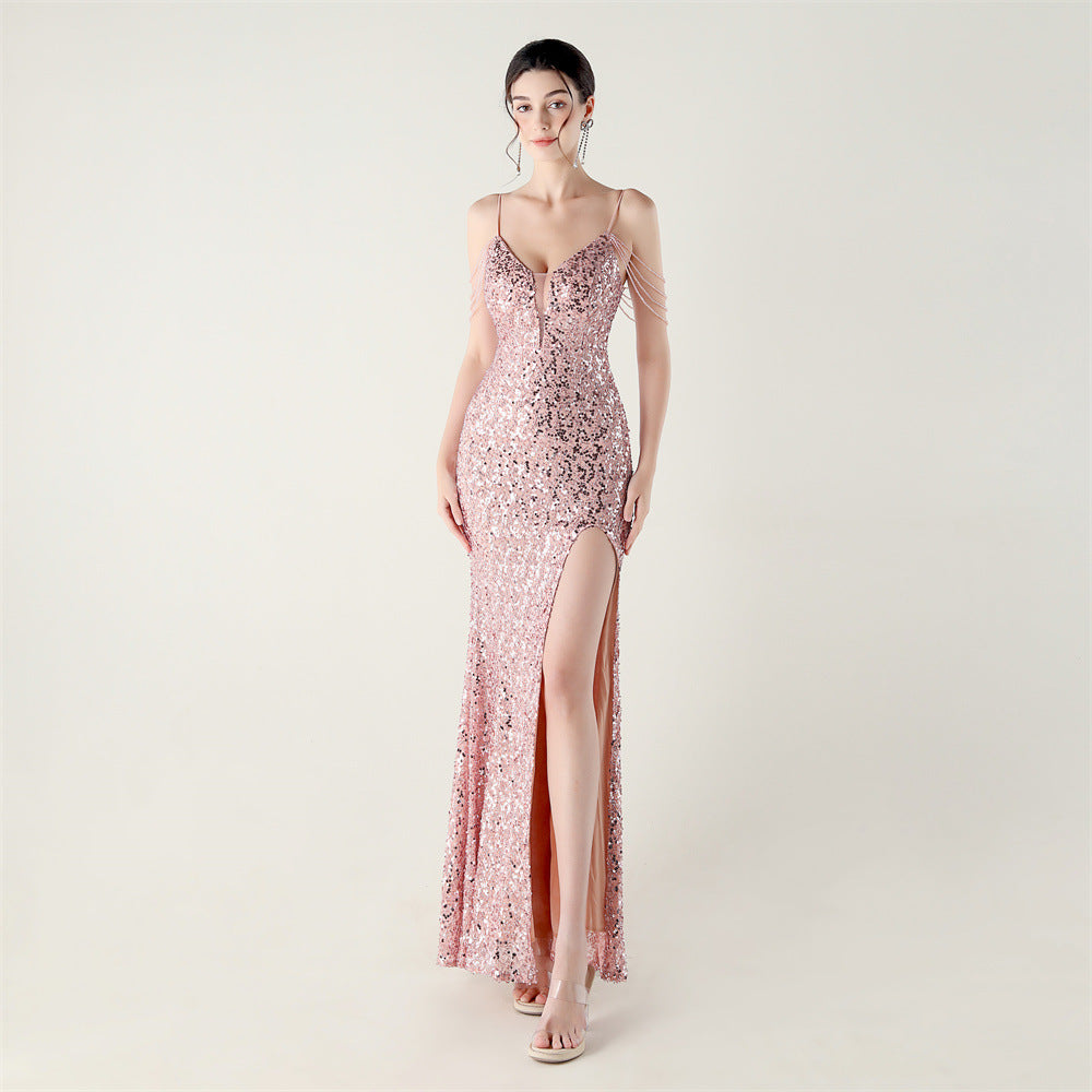 Women Heavy Beaded Tube Beaded Lace-Up V Neck Slit Suspender Formal Party Evening Dress 10