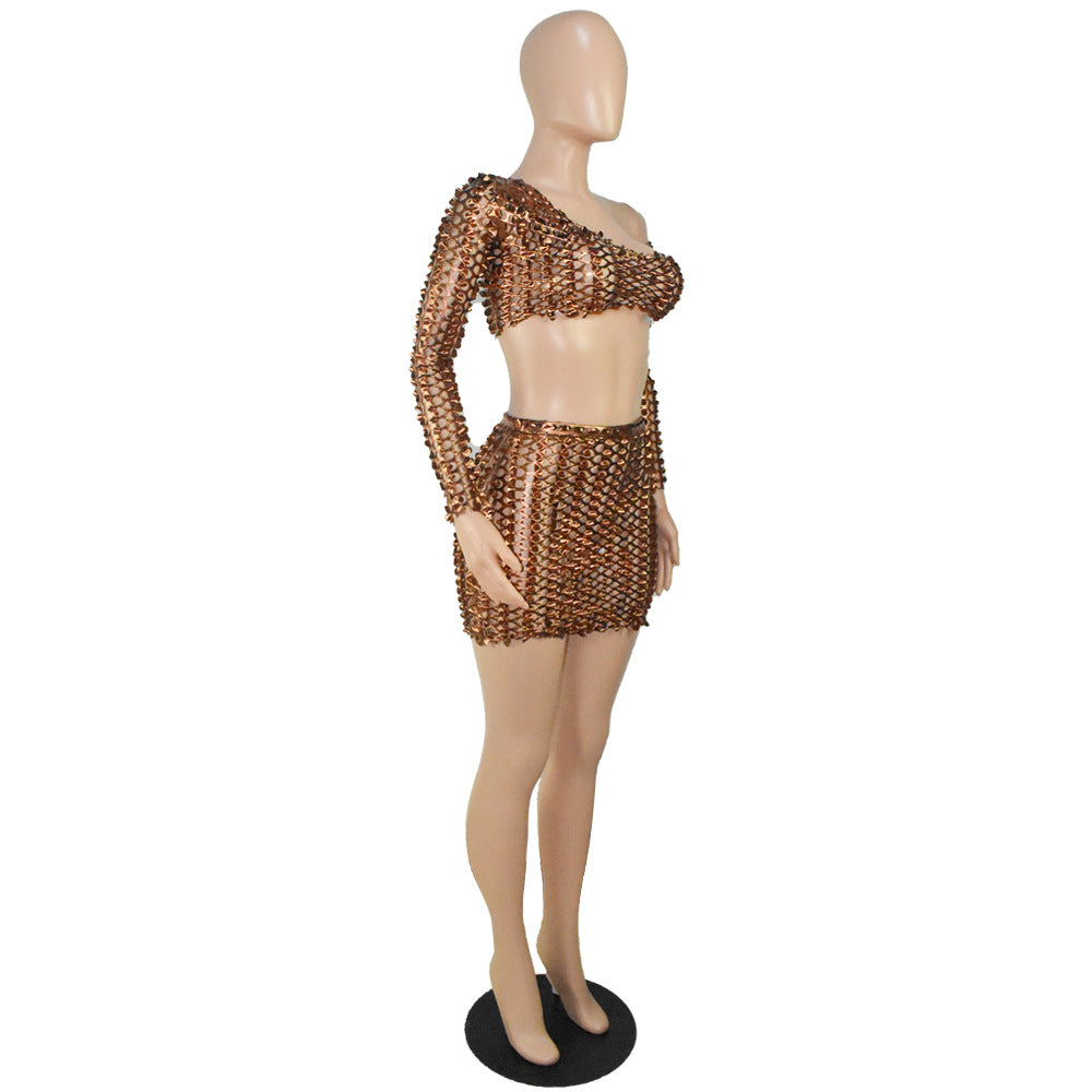 Women Sexy Mesh Hollow Hollow Long Sleeve Crop Top + Skirt Two Piece Set 20