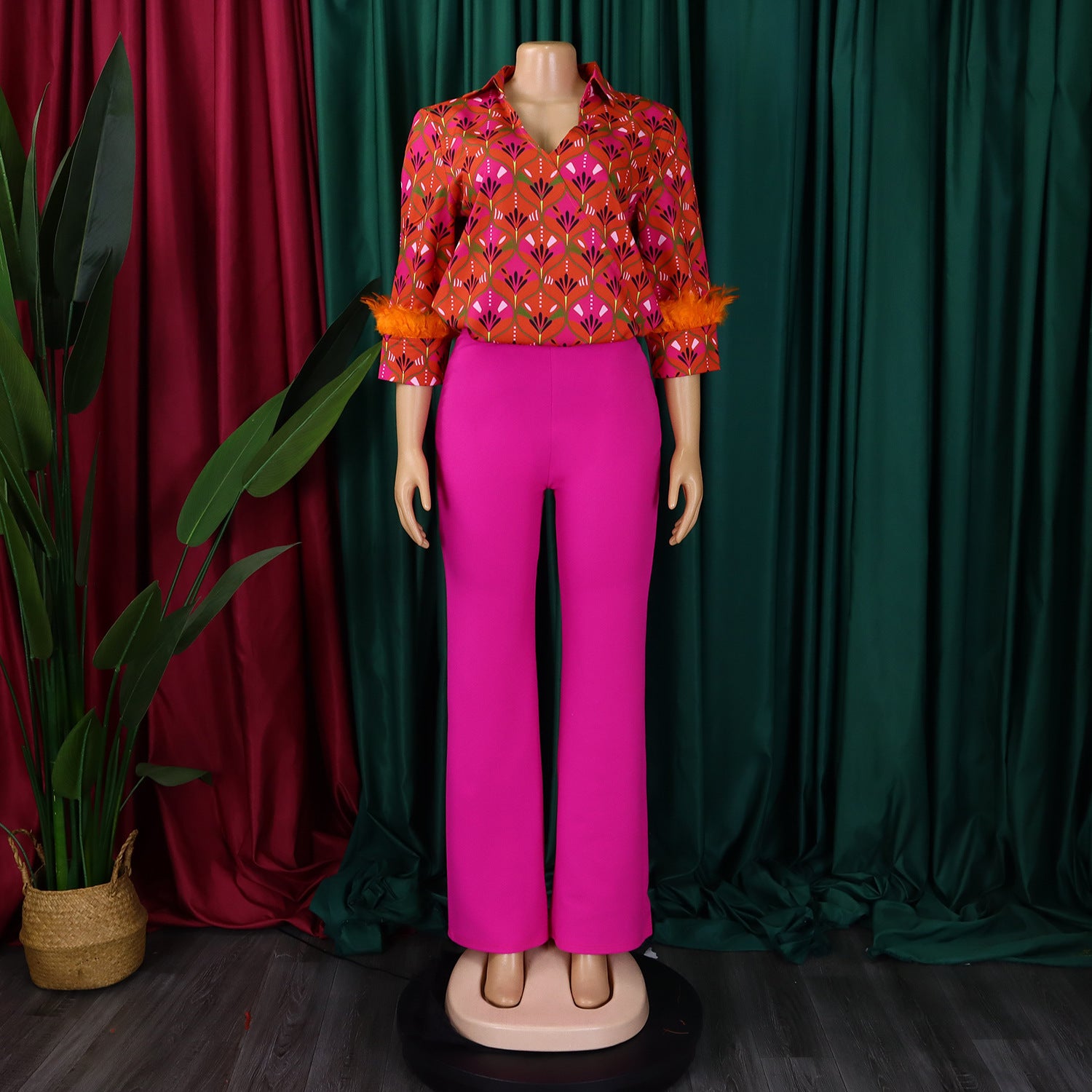 Women's Print Shirt Wide Leg Pants African Two-Piece Set 14