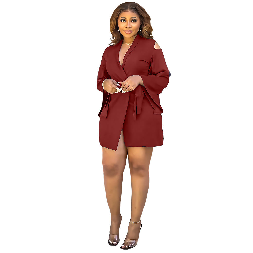 Women long sleeve cardigan lace up suit dress