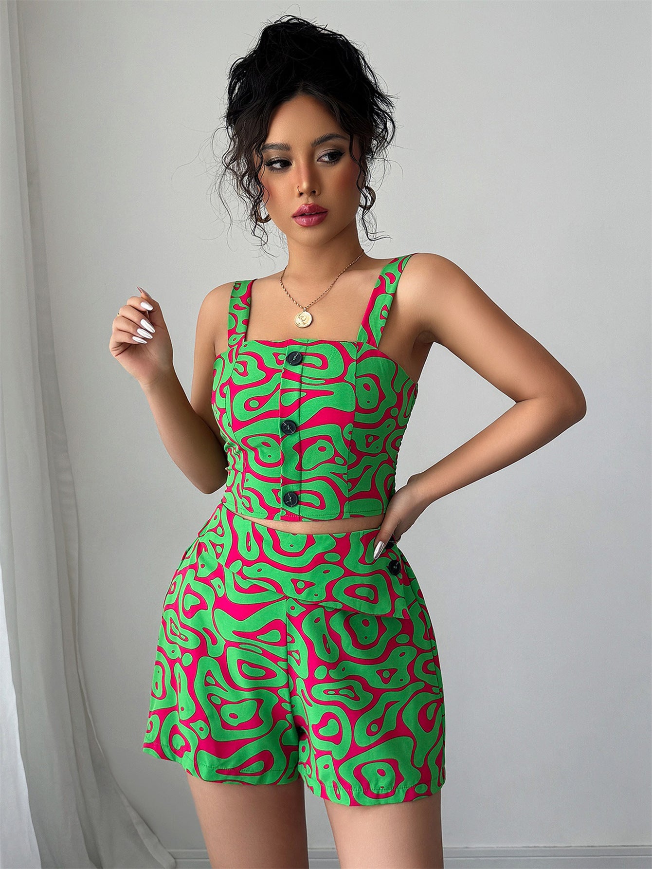 Women spring and summer suspender printed top and shorts two-piece set 6