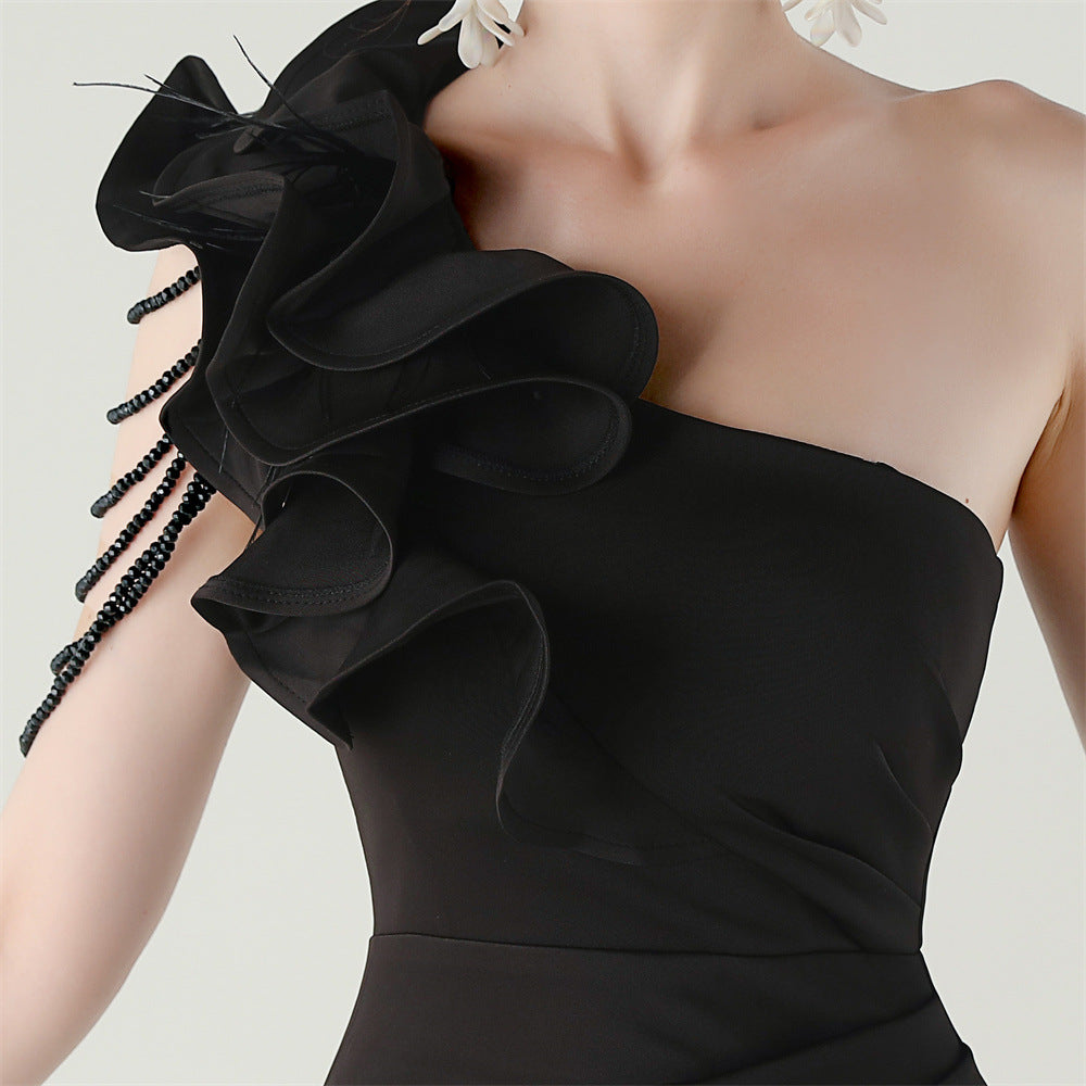 Women One-Shoulder Beaded Wool and Floral Satin Slit Sexy Evening Dress 81