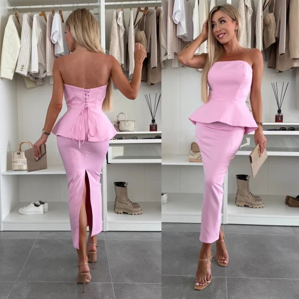 Spring Women's Clothing Strapless Sexy Split Fashion Two Piece Skirt Set 6