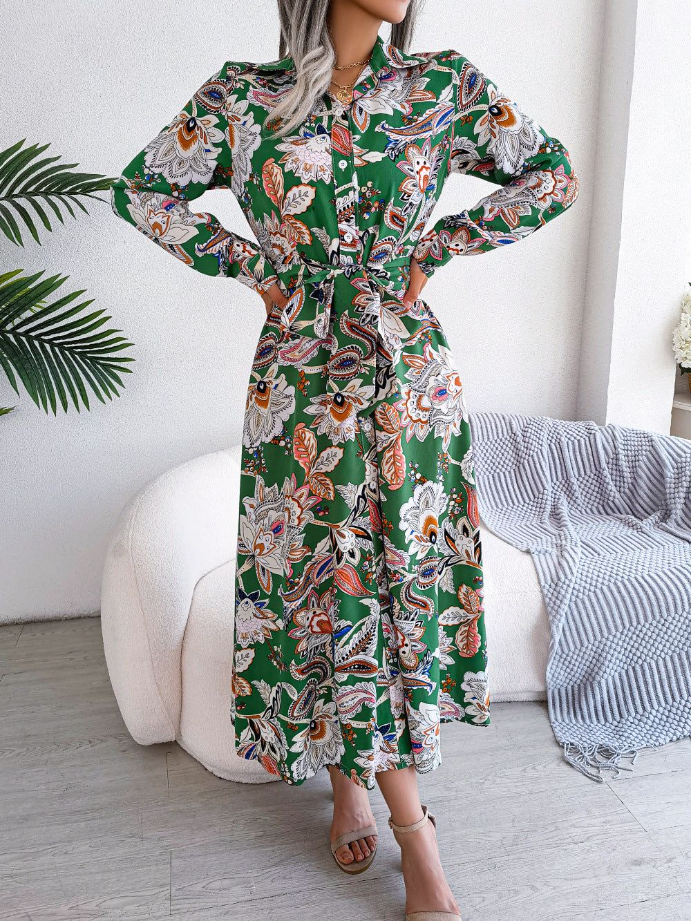 Women Vintage Floral Turndown Collar Tie Shirt Dress 4
