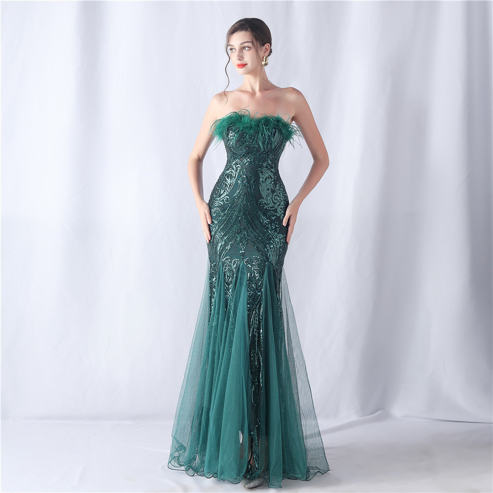 feather sequins mesh patchwork Strapless wedding party dress 13
