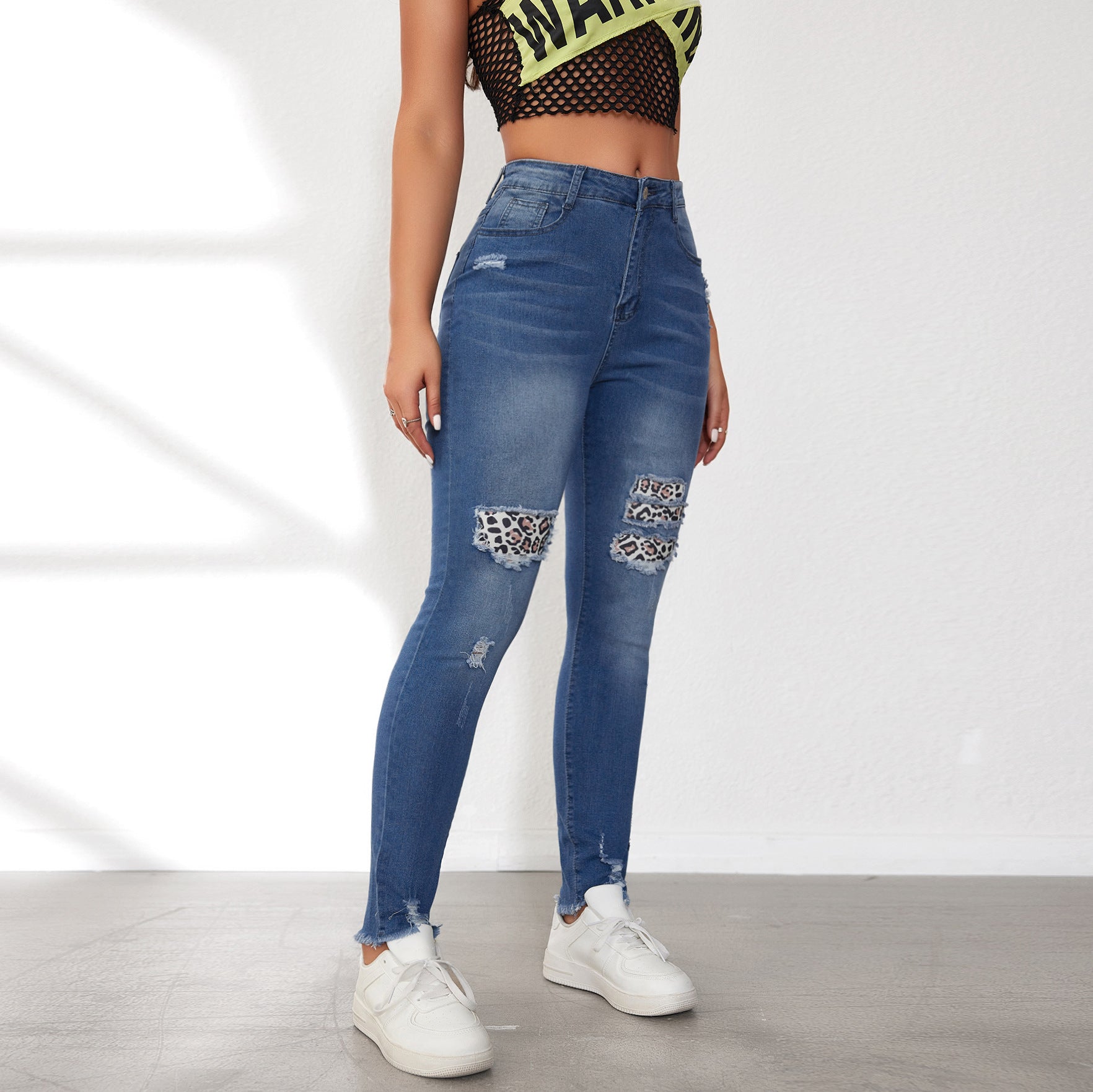 Women Spring Ripped Leopard Patches Washed Denim Pants 4