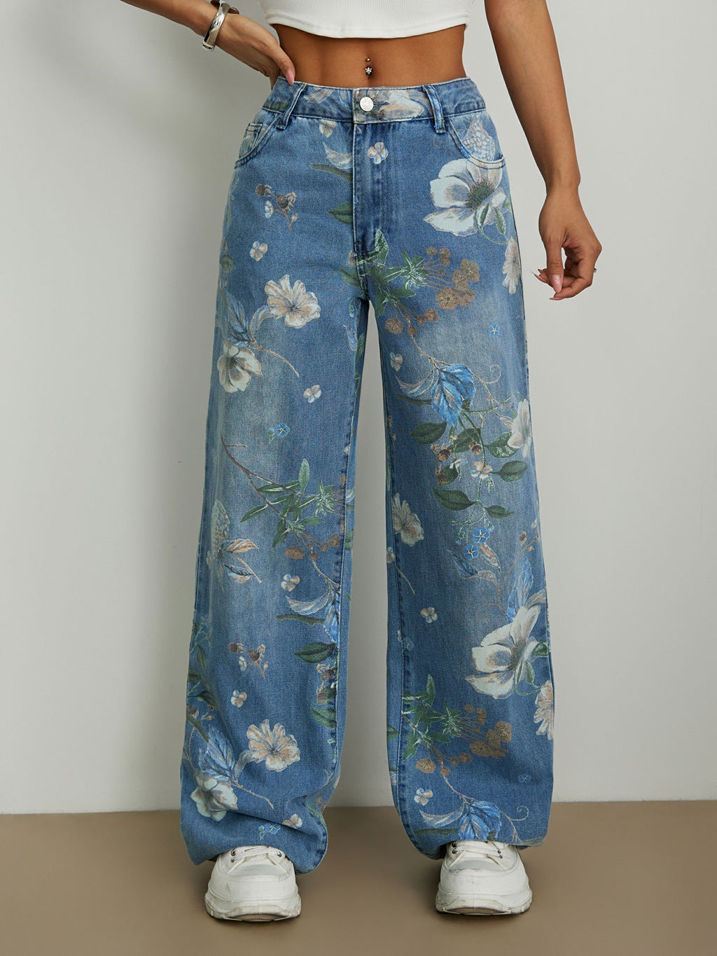 Street fashion printed loose straight wide leg denim trousers 3
