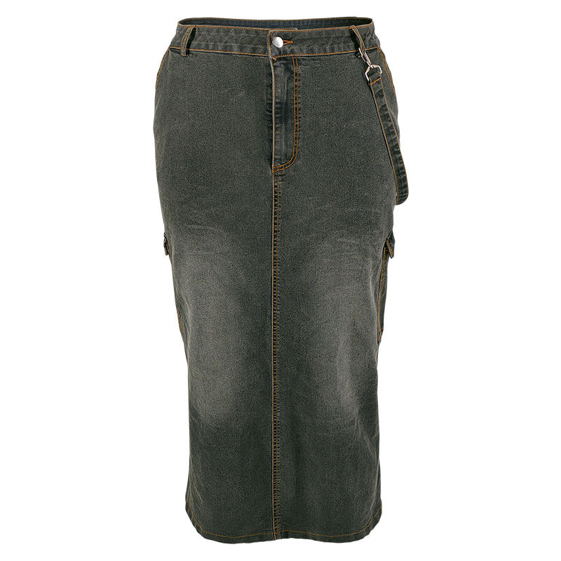 Plus Size Women Denim Strap Slit Skirt 6