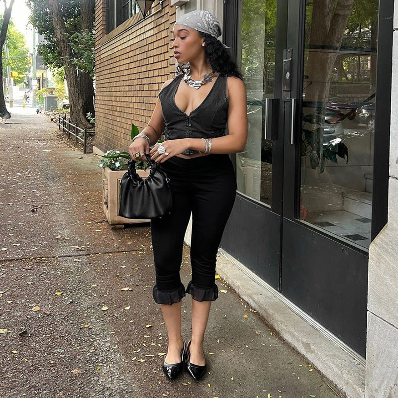 Women's Spring and Summer Ruffled V Waist Solid Color Elastic 7-point Casual Pants 30