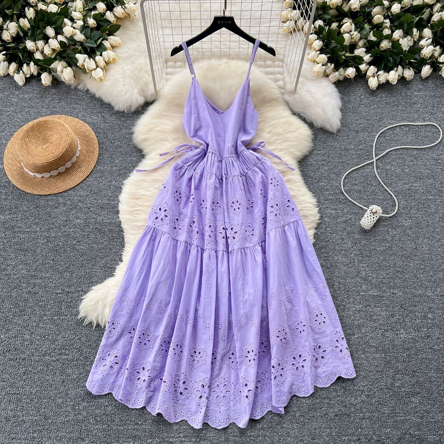Women Summer Lace-Up Cutout Embroidery Holidays Strappy Dress 6