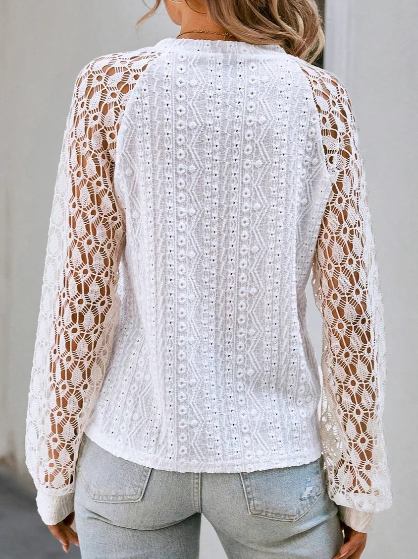Autumn Long Sleeve Round Neck Lace Patchwork Solid Color Shirt 5