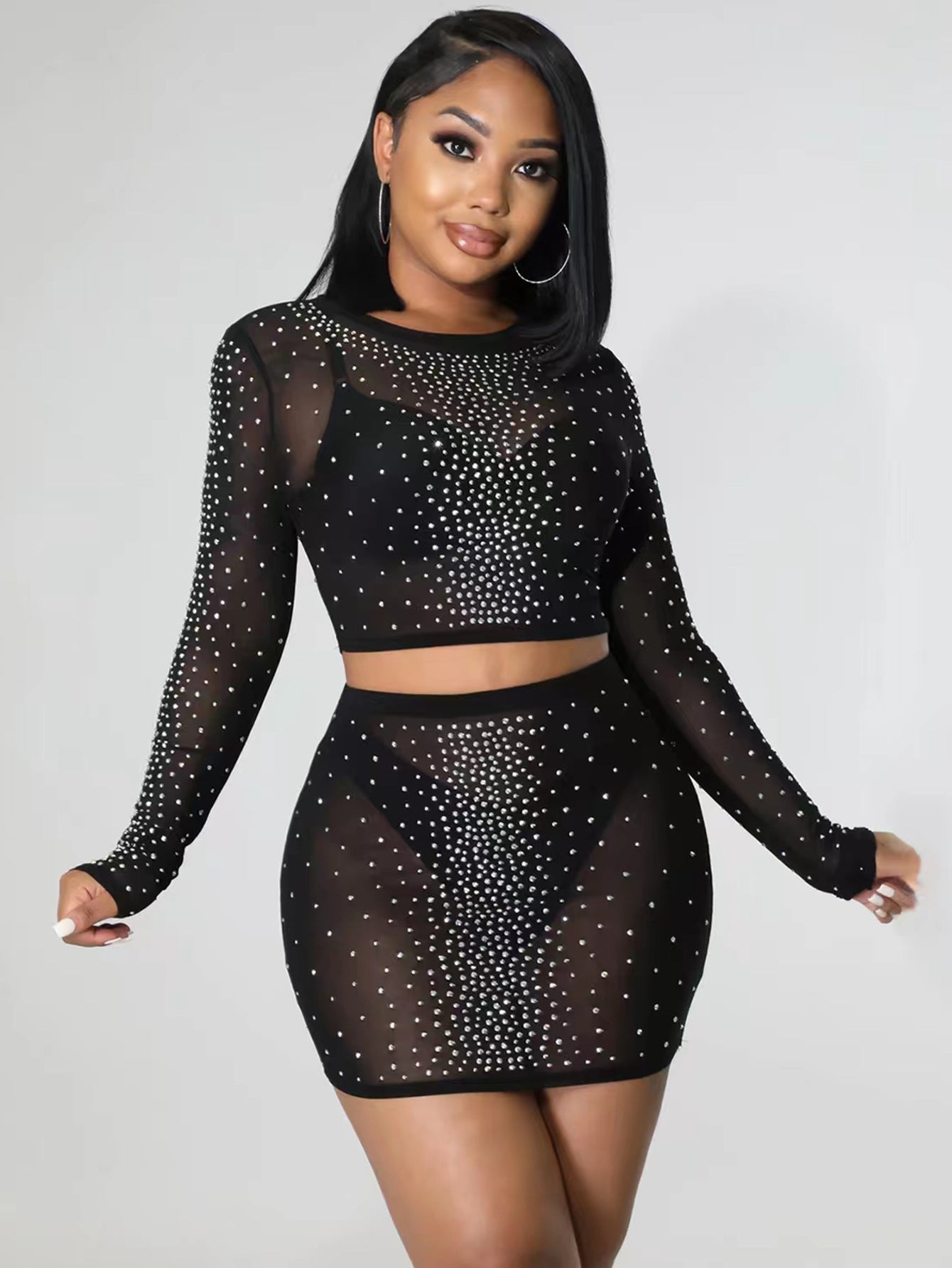Fashion Sexy Slim See-Through Long Sleeve Beaded Mesh Top Mini Skirt Two-Piece Set 7