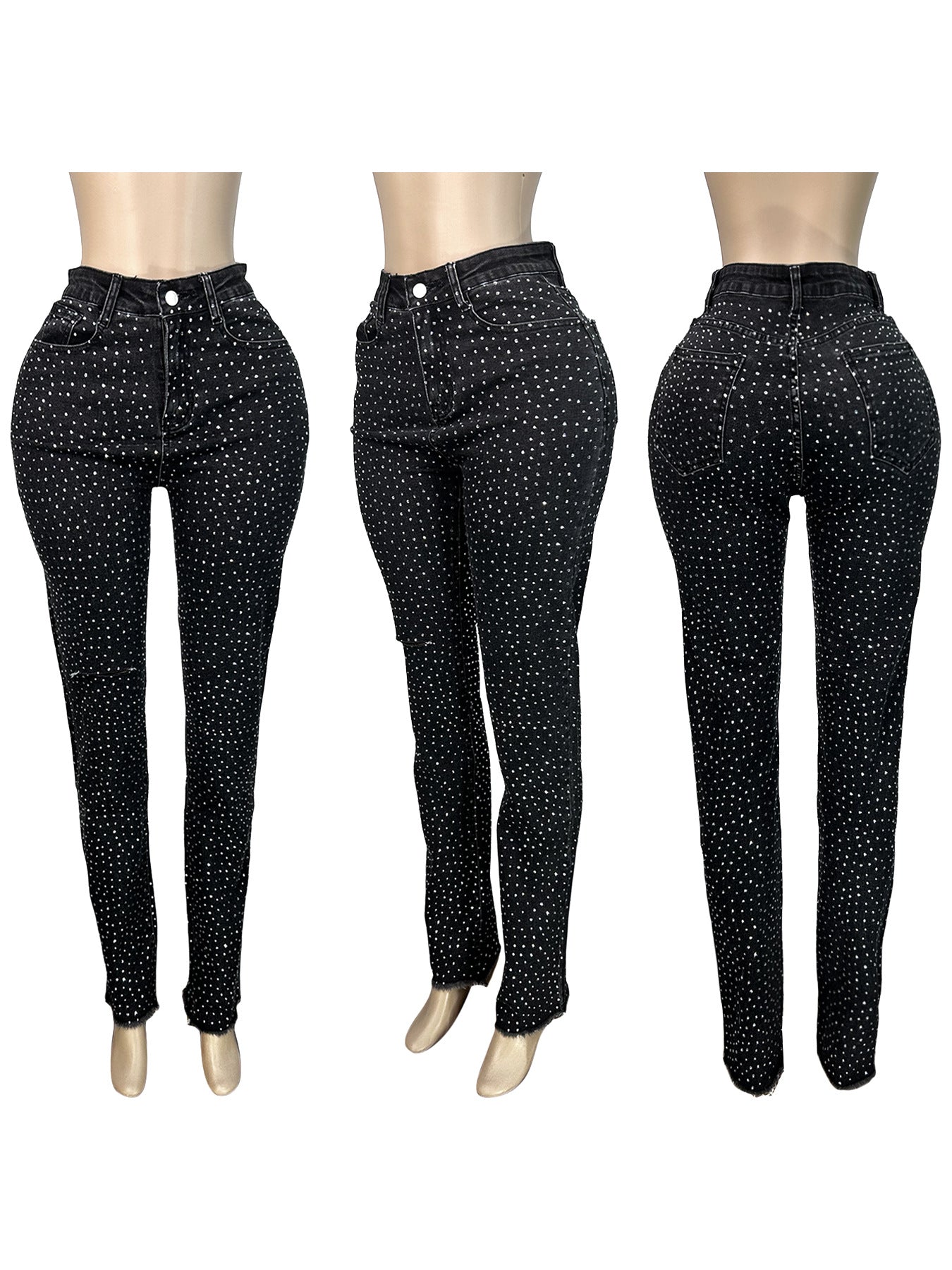 Women Beaded Pocket Ripped Denim Pants 9