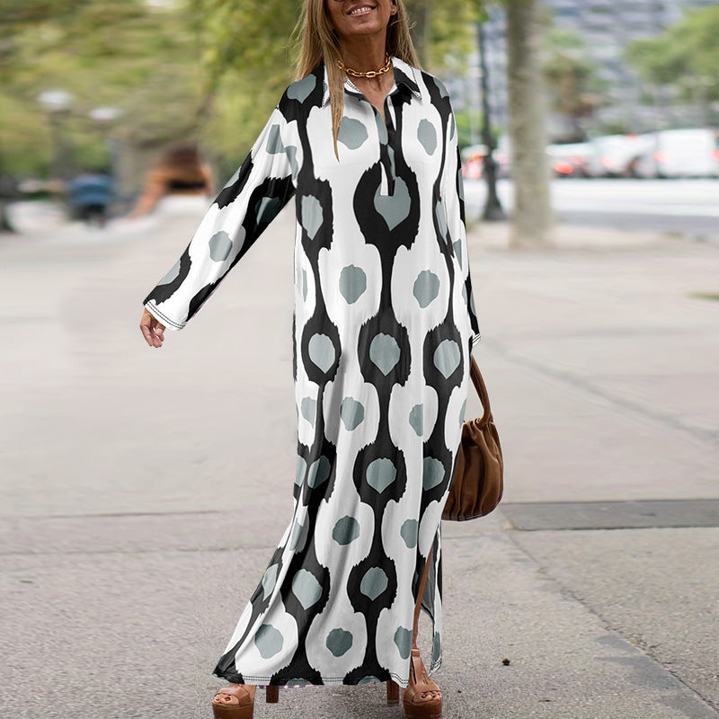 Plus Size Women Turndown Collar Long Sleeve Slit Loose Dress 7