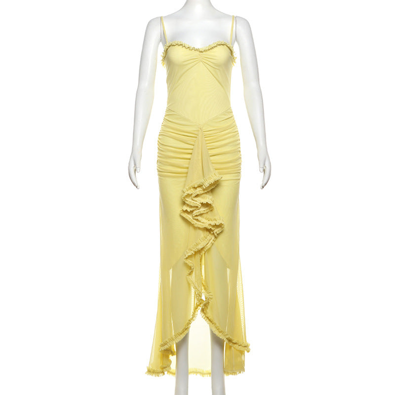 Women Sexy Backless Mesh Suspender Solid Dress 11