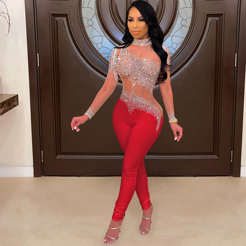 Women Sexy Mesh See-Through Beaded Long Sleeve Jumpsuit 24
