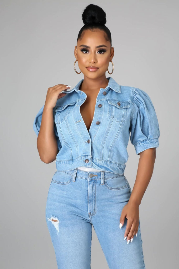 Fashion Button Up Short Sleeve Half Puff Sleeve Women Denim Jacket 3