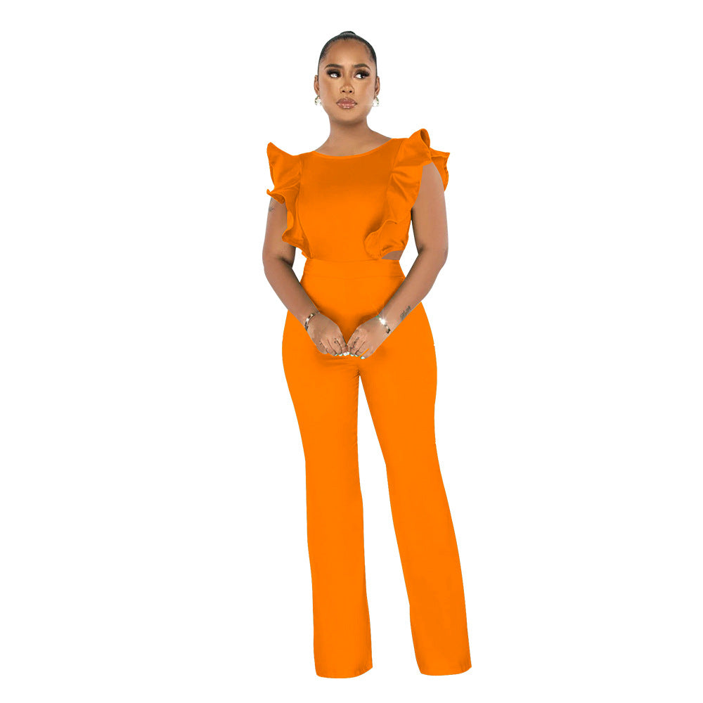 Women Summer Ruffle Round Neck Solid Jumpsuit 15