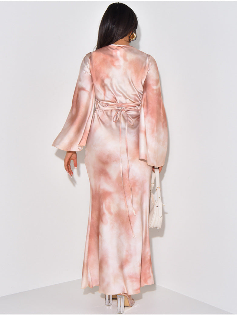 Loose Printed Casual Long Satin Dress 7