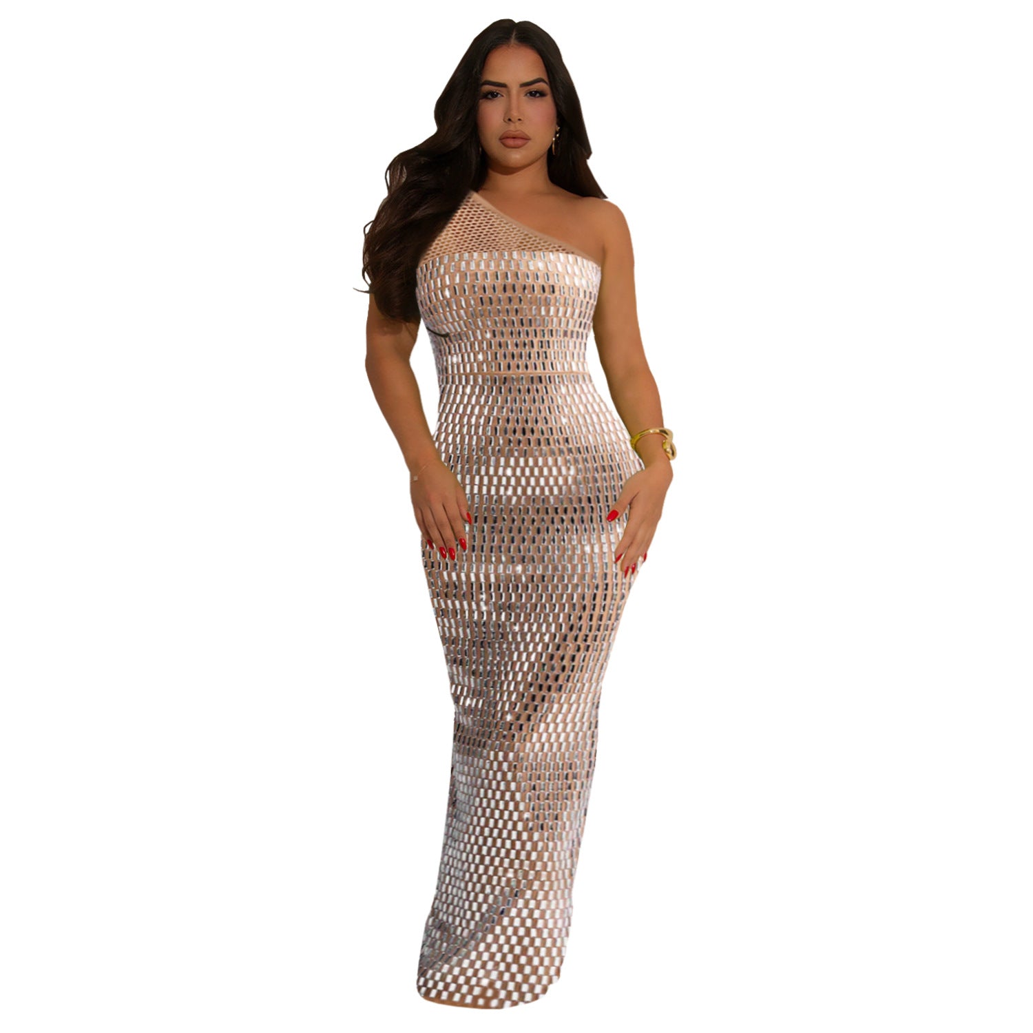 Fashion Women's Sexy Mesh Beaded Slash-Shoulder Sleeveless Long Dress 8