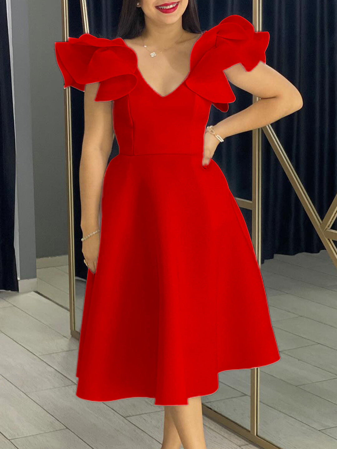 Summer Style Ruffle V-Neck High Waist A-Line Formal Party Dress 8