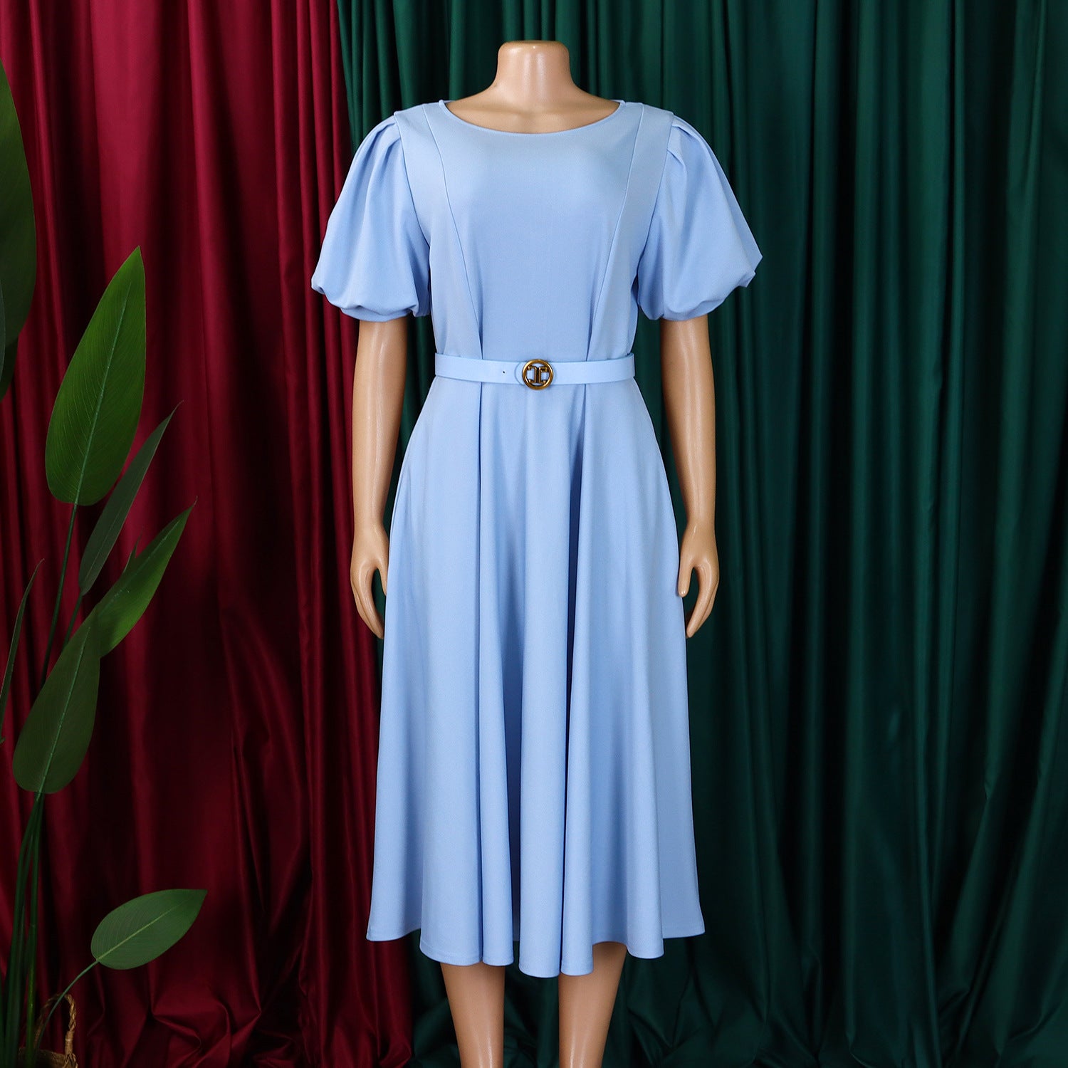 Women's Summer Trendy Puff-Sleeve Elegant High-Waist Solid Round Neck A-line African Dress 25