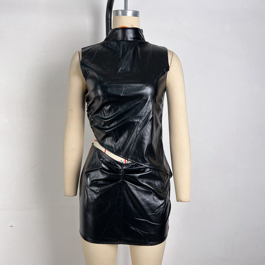 Women Summer Black Pu-Leather Stand Collar Sleeveless Pleated Irregular Top and Bodycon Skirt Two-Piece Set 6