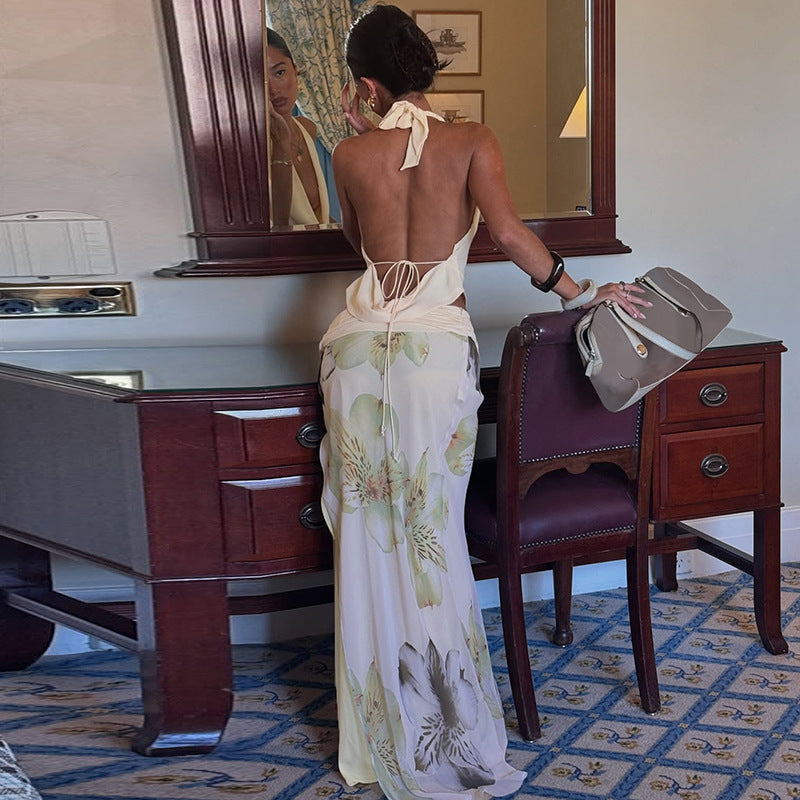 Women Sexy Halter Neck Backless Top Patchwork Mesh Print Slit Skirt Two Piece Set