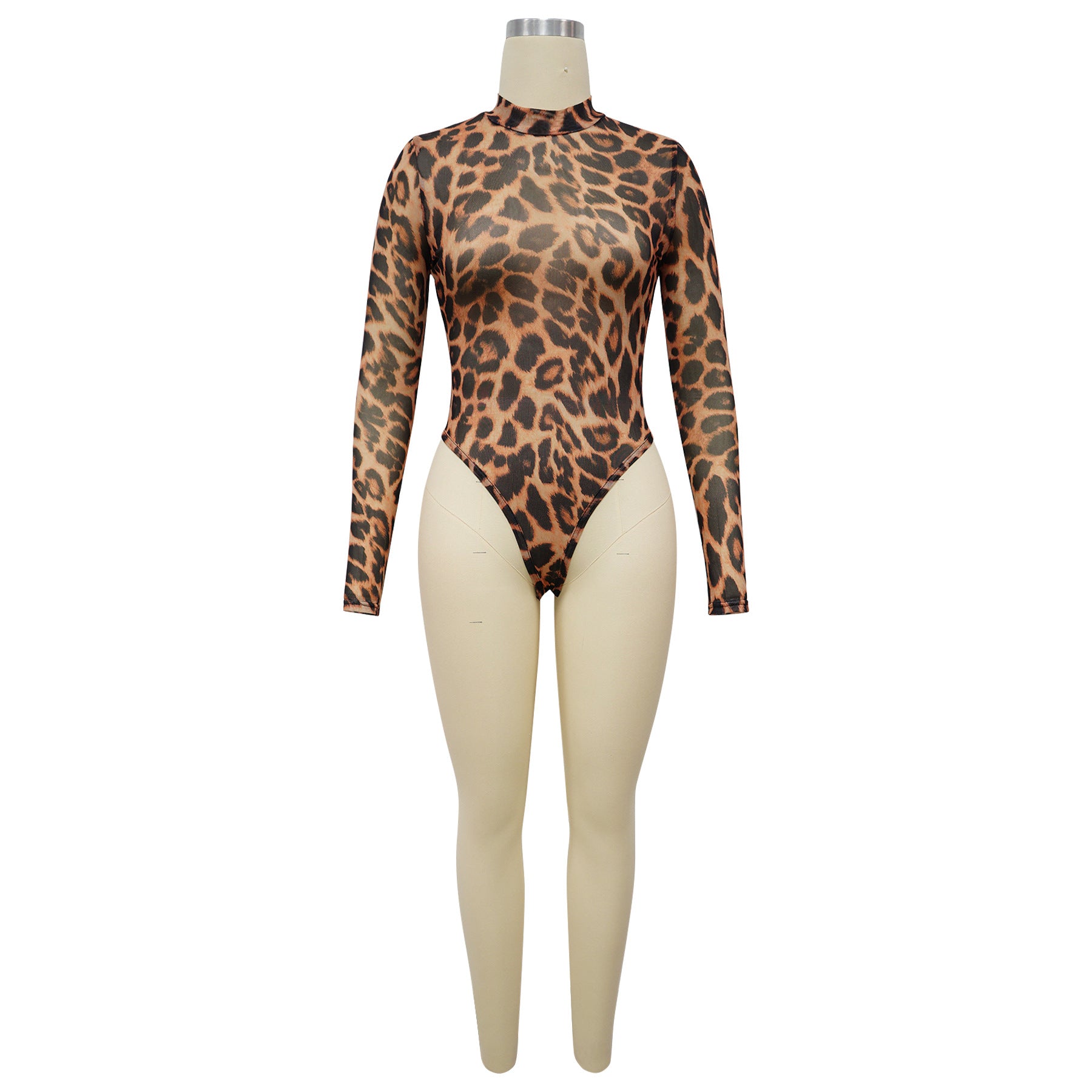 Women Sexy Leopard Print See-Through Bodysuit and Slit Skirt Two-Piece Set 3