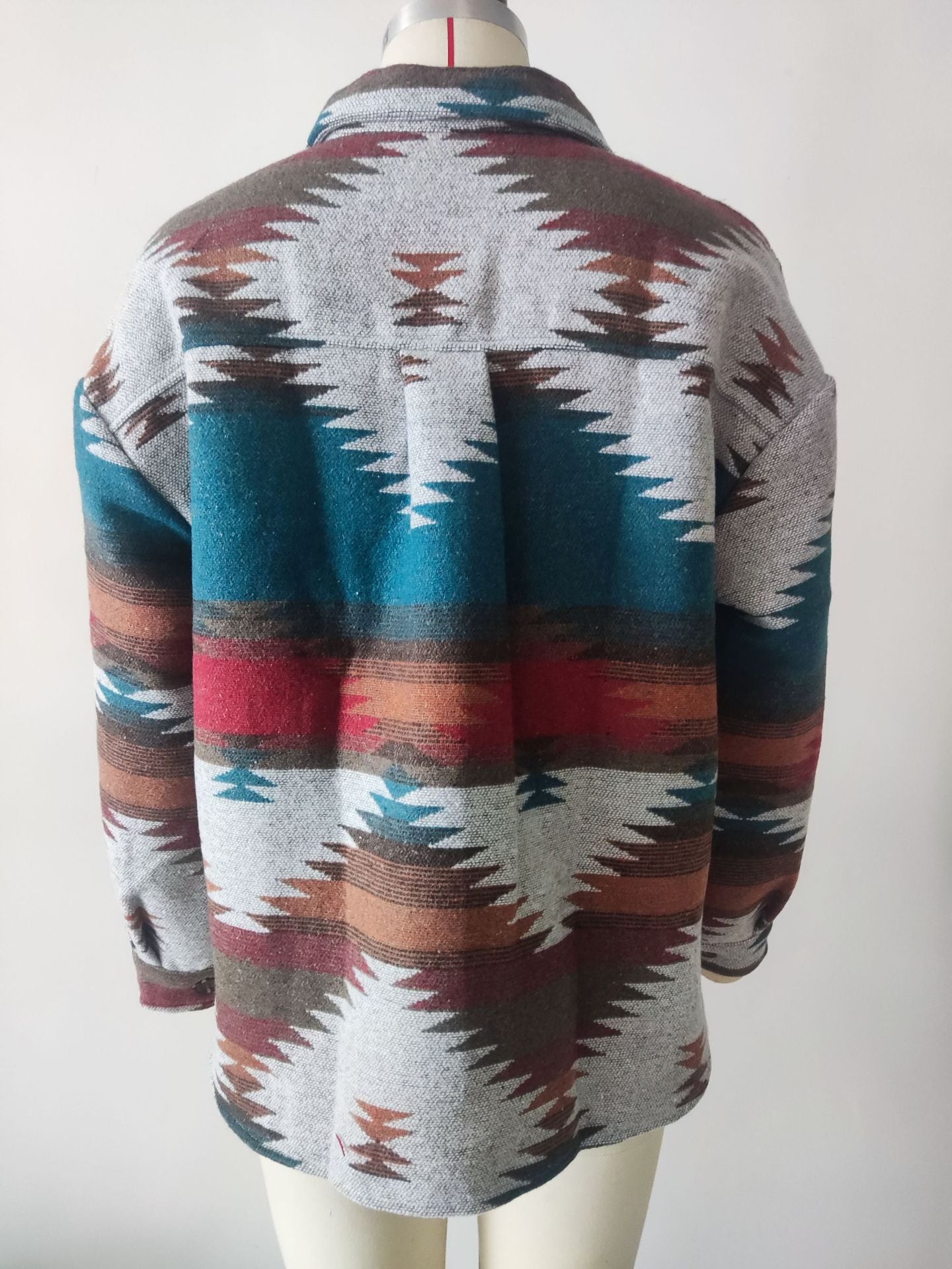 Geometric Pattern Short Loose Turndown Collar Pocket Button Women's Jacket For Women 18