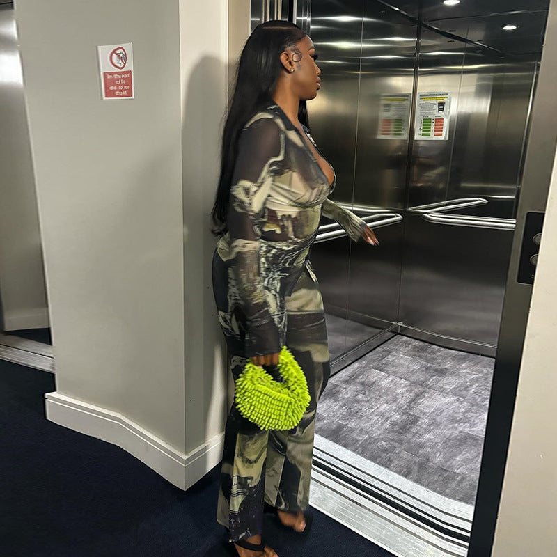 Women's Fashion Print Turndown Collar Button-Up Top Trousers Trendy Two-Piece Set 3