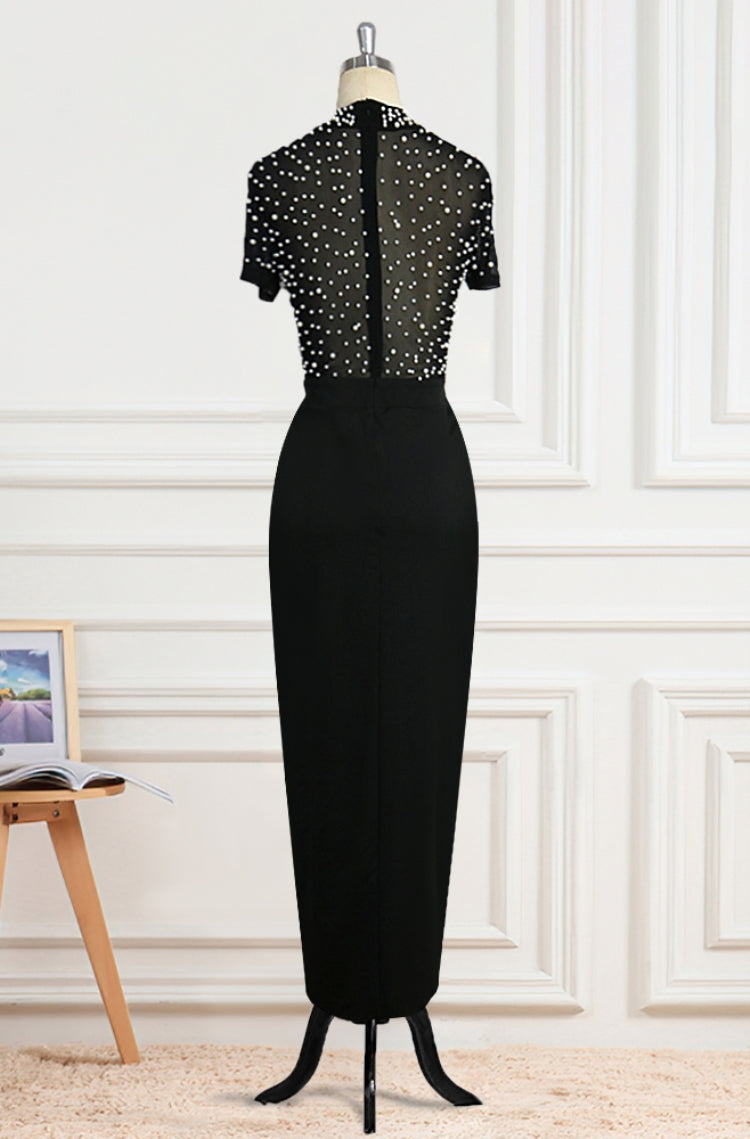 Autumn Formal Black Beaded Short Sleeves Slit Evening Dress 5