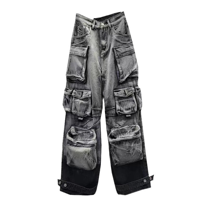 Spring Street-Style Pocket Washed Gradient Cargo Pants Casual Jeans 7
