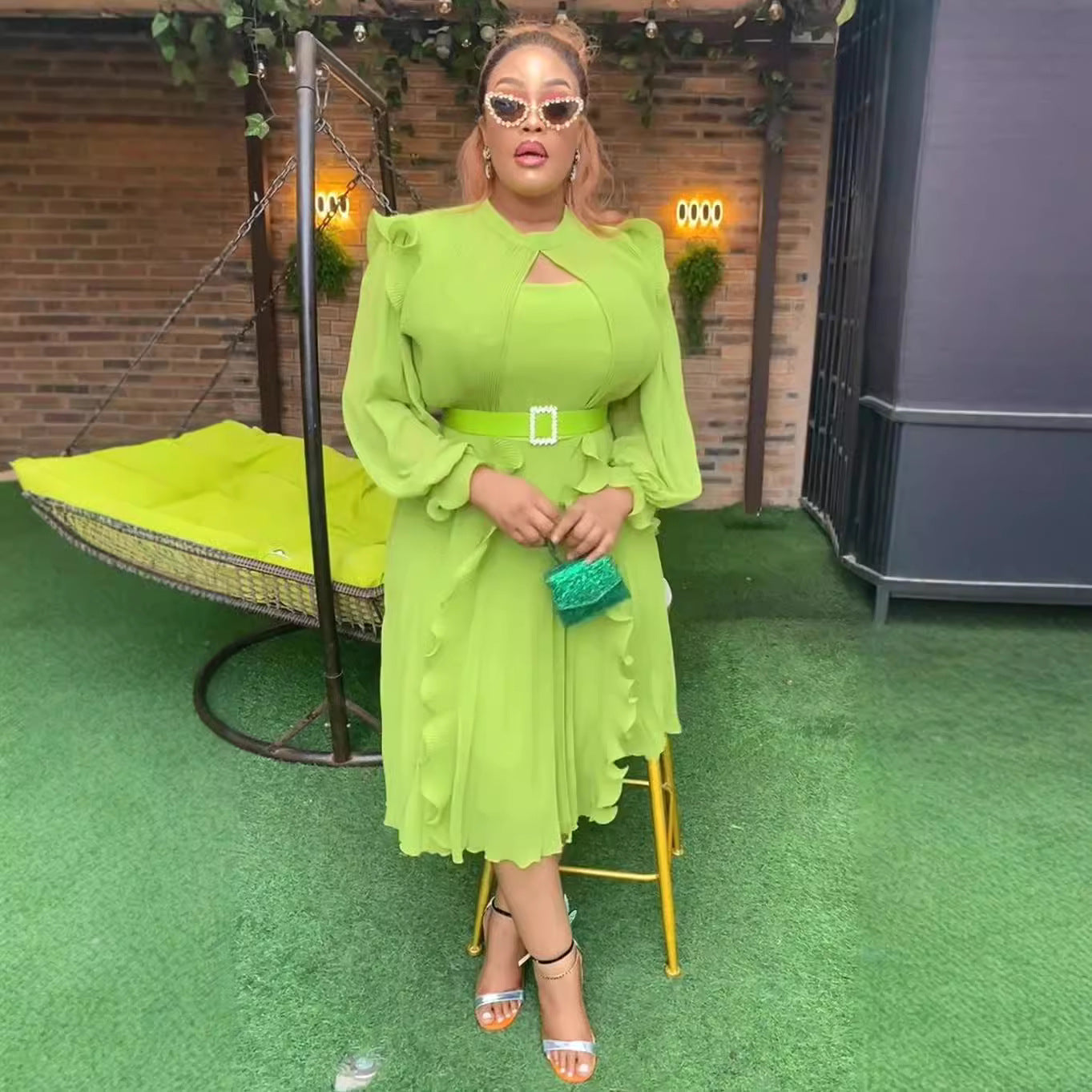 Plus Size Women's Africa Solid Color Autumn High Waist Slim Fit Ruffle Dress 5