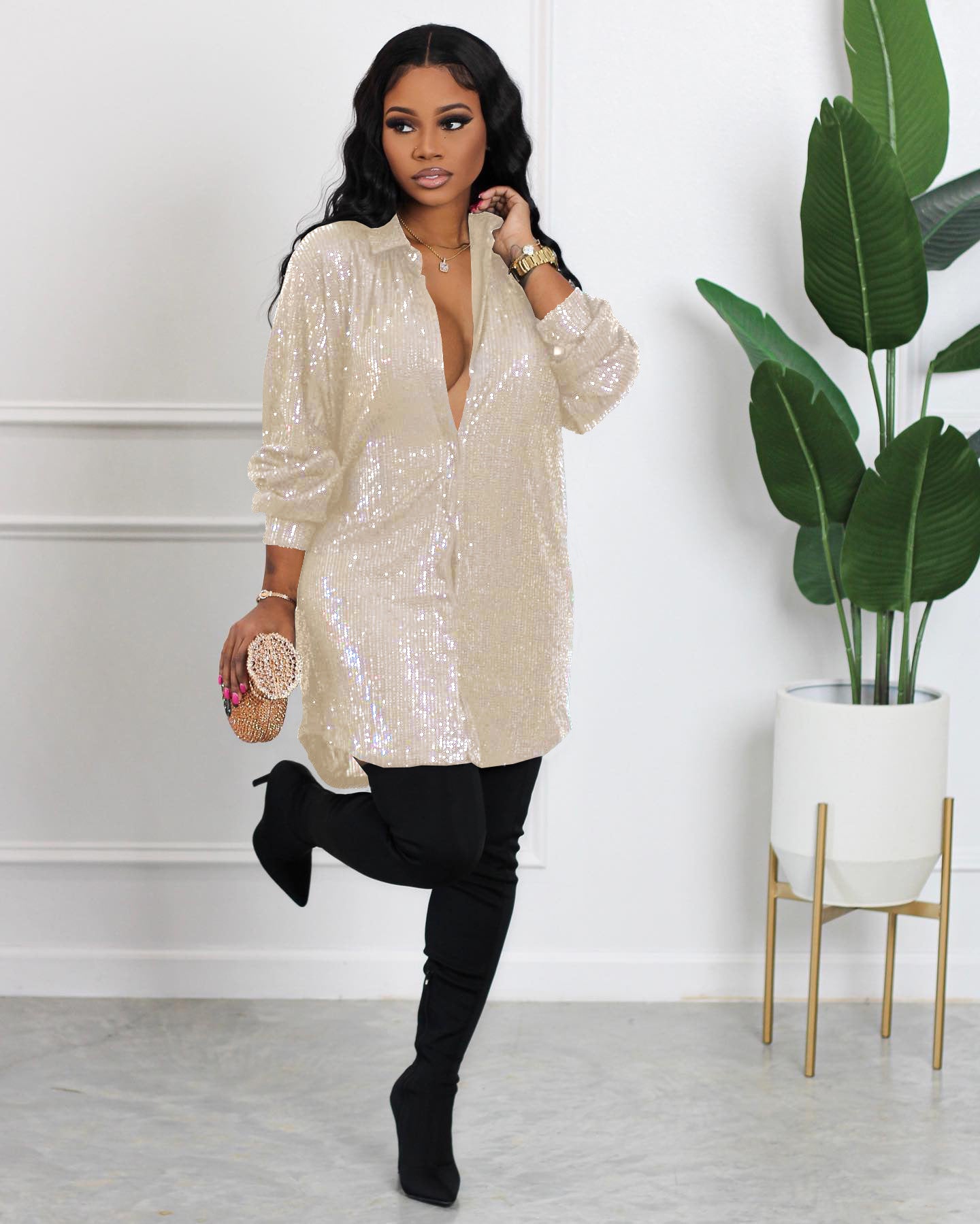 Women Solid Sequin Loose Shirt Dress
