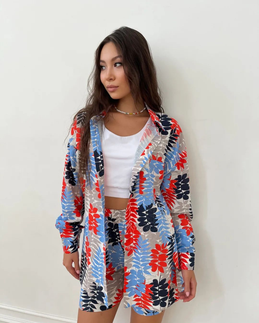 Fall Women Print Long Sleeve Shirt Shorts Women Two-Piece Set 5