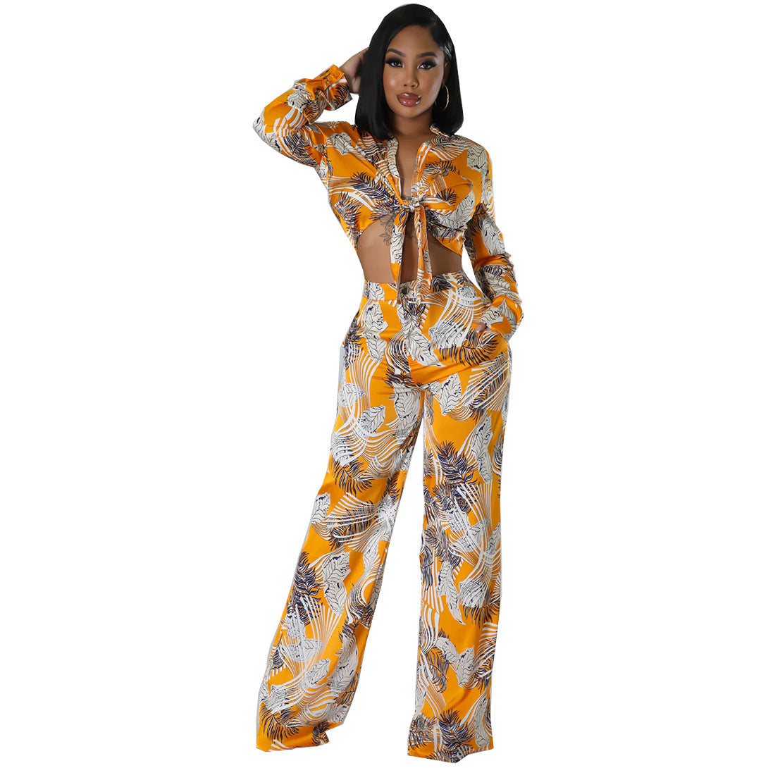 Summer Print Stand Collar Long Sleeve Shirt Top Wide Leg Pants Fashion Two-Piece Set 9