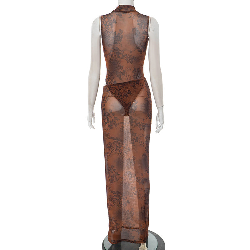 Women's Leopard Print Mesh High-Neck Sleeveless Bodysuit with Diagonal Waist Skirt Set 8