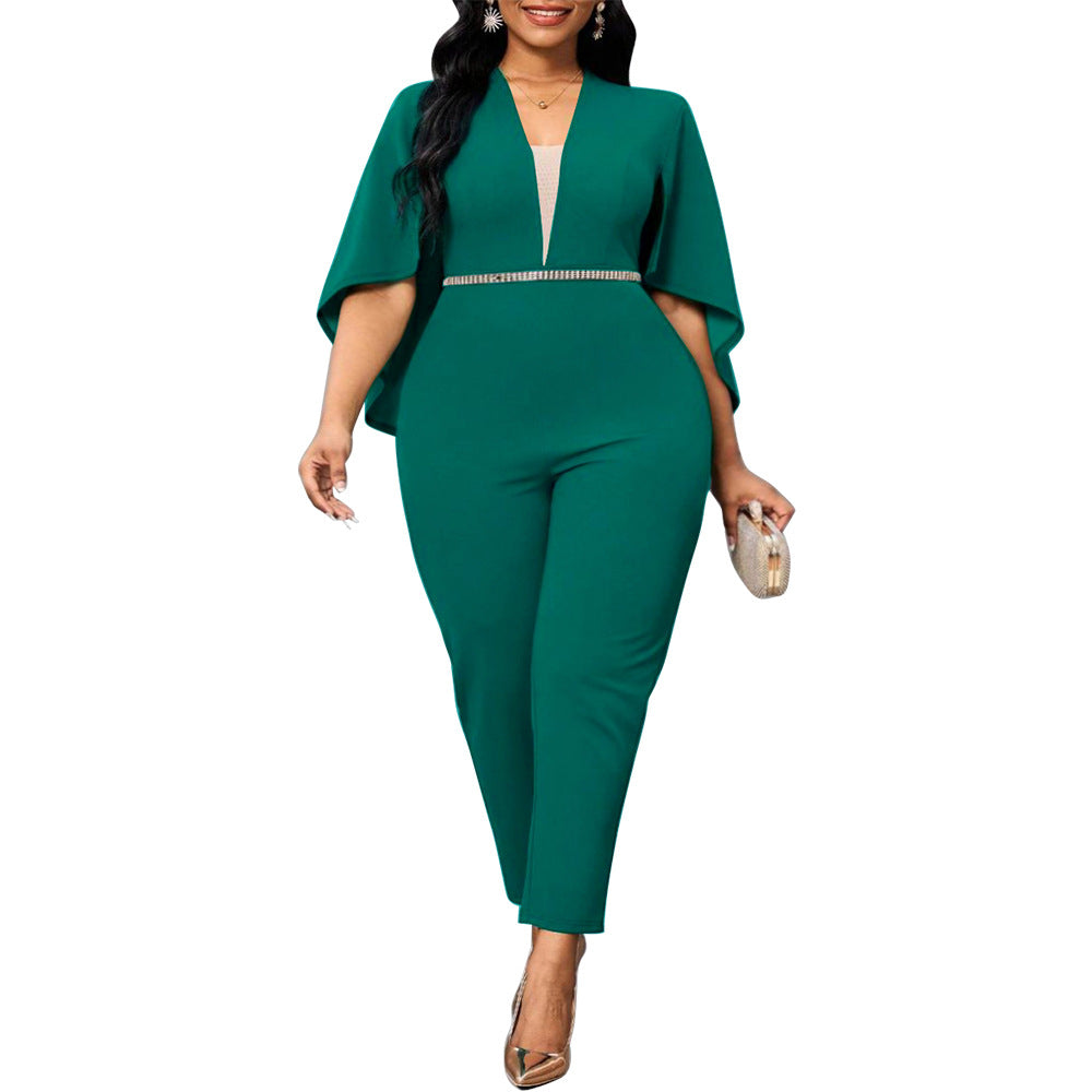 Plus Size Women Sexy Solid Bat Cape Sleeve V Neck Jumpsuit 10