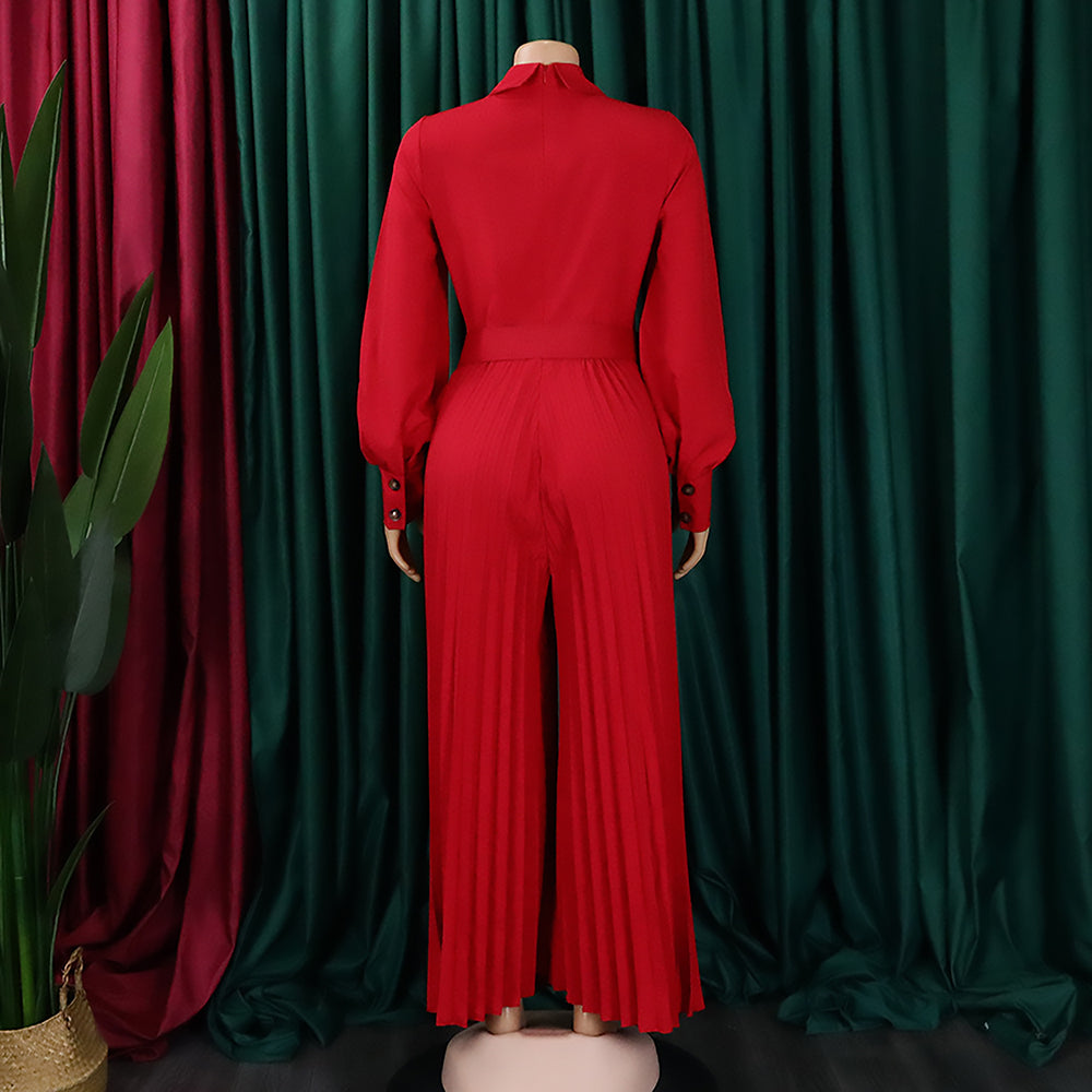 Women's Fall Winter Long Sleeve Casual Loose Pleated Wide Leg Jumpsuit with Belt 16