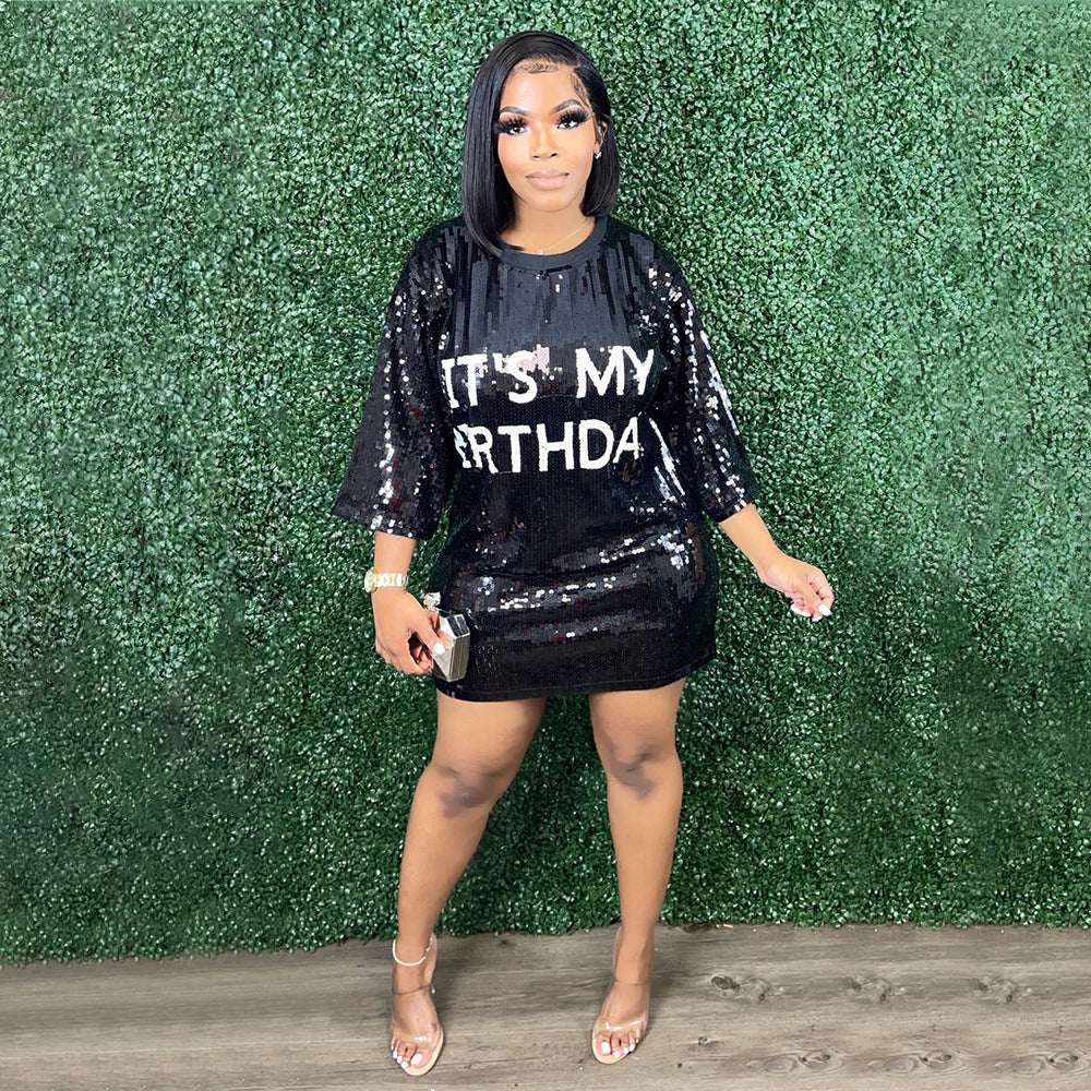 Trendy Round Neck Half Sleeve Loose Sequin Print Party Sequined Nightclub Style Women's Dress 15