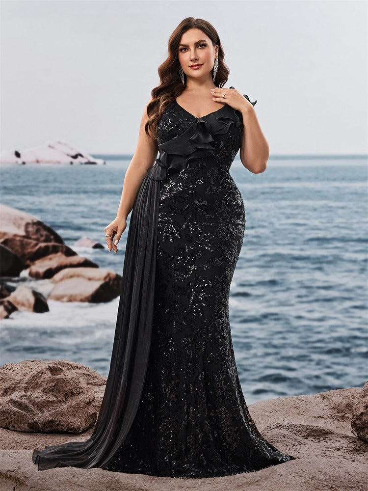 Plus Size Women's Elegant Sequin Patchwork V-Neck Ruffle Sleeve Evening Dress Mother of the Bride Gown 6