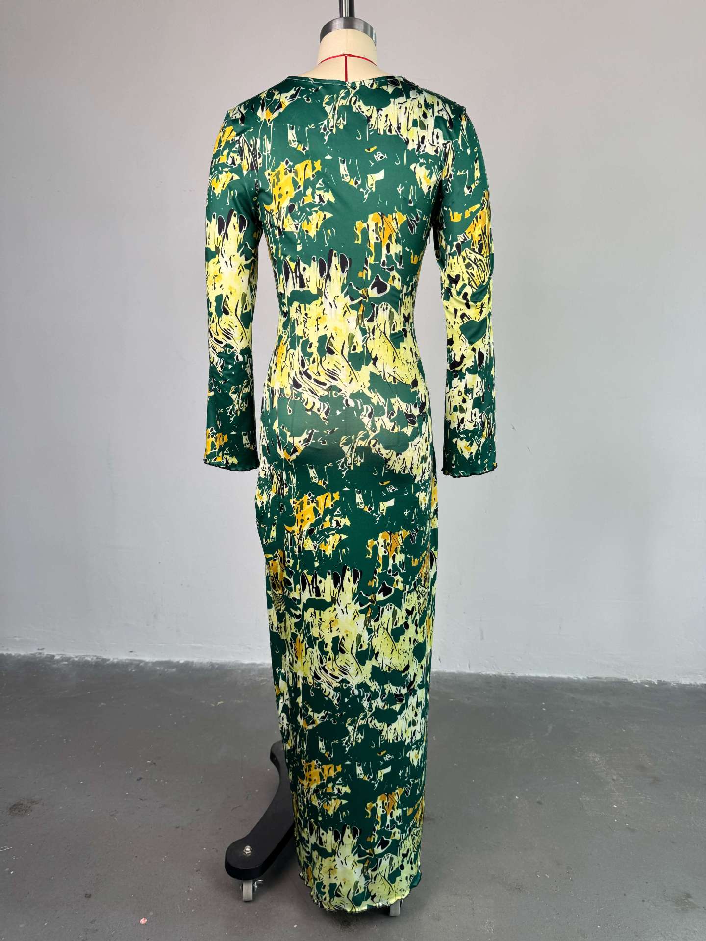 Women's Spring Print Hollow Neck Long-Sleeve High-Waist Slim Long Dress 6