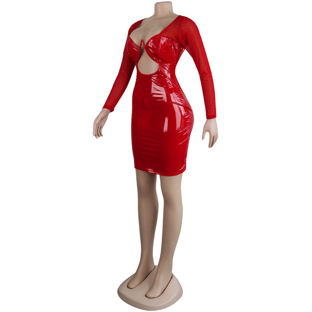 Sexy Women's Solid Color Mesh Leather Patchwork Hollow Long Sleeve Party Dress 16