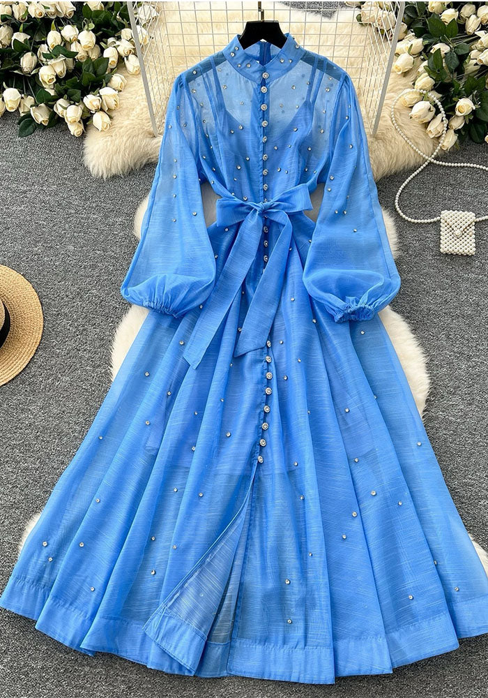 Spring Autumn Diamond Stand Collar Lantern Sleeve Button Belt Slim Waist Chic Dress